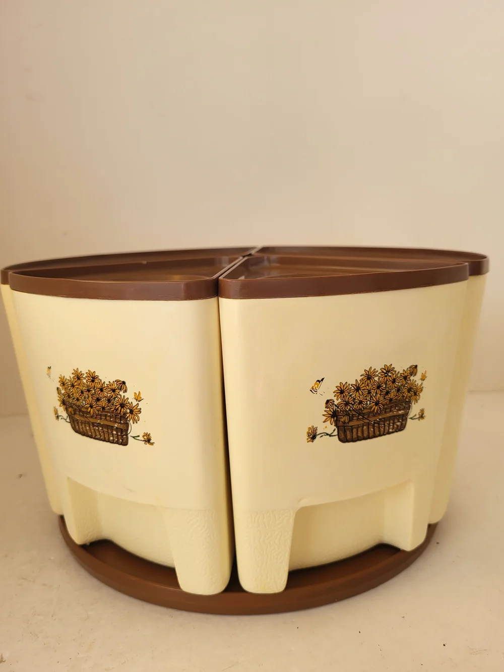 Rare 1970s Sterlite #1591 Yellow Daisy Wedge Lazy Susan Canister Set